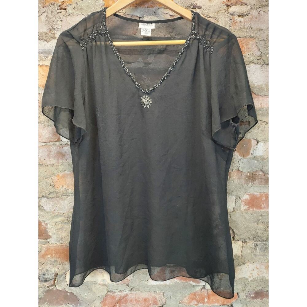 Together Womens Blouse Plus Size 18 Black Sheer Beaded Flutter Sleeve